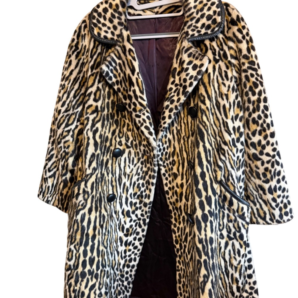 Vintage Safari Sportowne Leopard Faux‎ Fur Coat Double Breasted Animal Print L - Picture 11 of 16